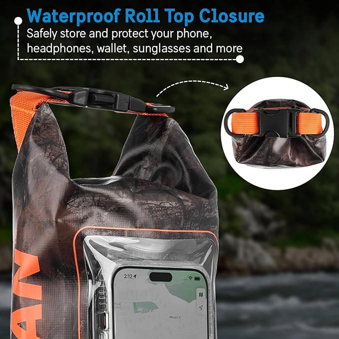 Pelican Marine IP68 Waterproof Dry Bag 2L - Roll Top Waterproof Backpack w/Phone Case/Pouch - Boating &amp Kayak Accessories - Essentials for Camping Swimming Beach Fishing Rafting Travel - Hunter Ca