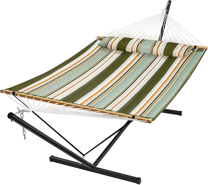 SUPERJARE Hammock with Stand 2 Person Quilted Outdoor Hammock Detachable Pillow &amp Bamboo Spreaders Portable Hammock with Carrying Bag Heavy Duty Stand Perfect for Outside Patio Retro Green