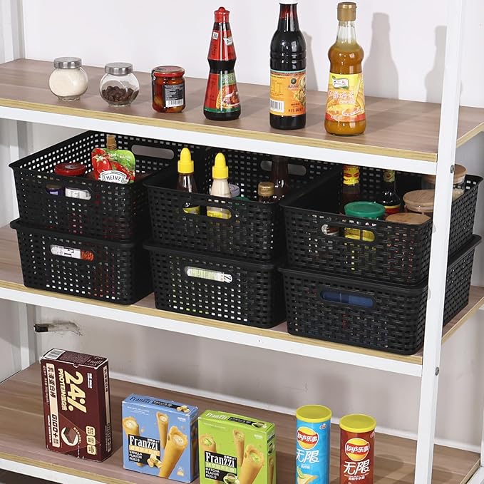6 Pack Large Stackable Storage Baskets with Lids Plastic Lidded Storage Basket Bins for Shelves Closet Bathroom 13.86x 11.42x 5.24 Black