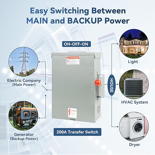 200 Amp Generator Transfer Switch Manual 48000W General Duty Double Throw Switch 120/240V Stronger&ampStability Meeting NEMA 3R Standards for Outdoor and Indoor Enlarged Enclosure for Easy Wirin