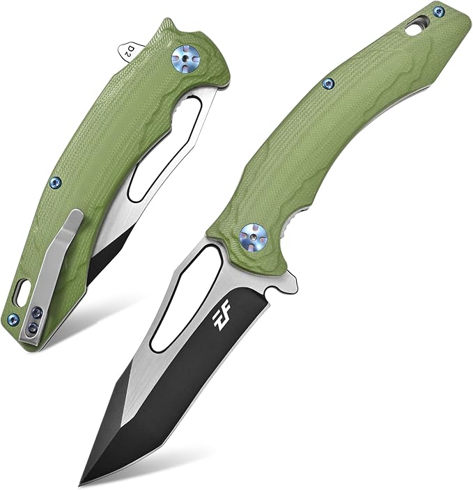 Eafengrow EF915 Folding Knife D2 Steel Blade with Black-Oxide Coating G10 Handle with Ball Bearing Safe Open Flipper Knife Locking Liner and Pocketclip for Camping Work (Green)