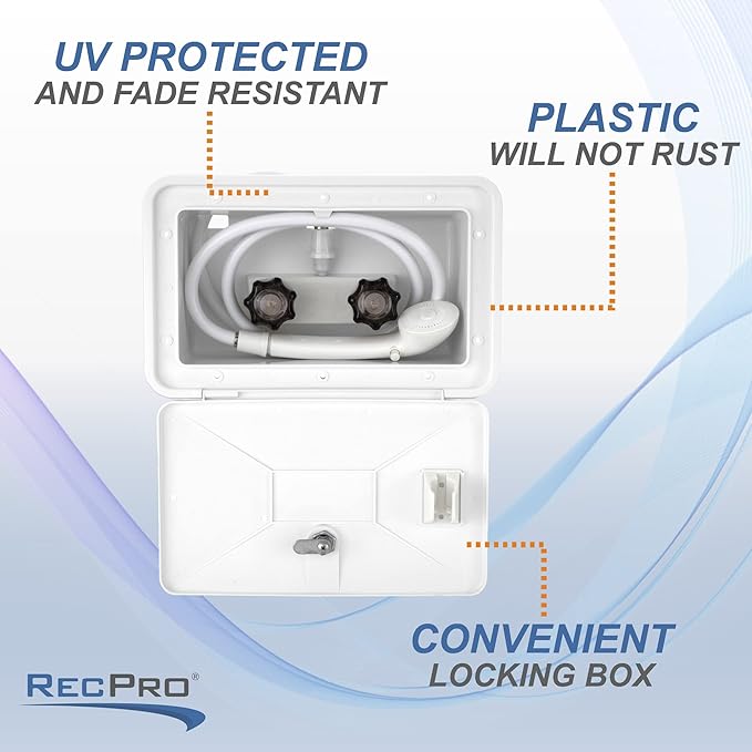 RecPro RV Exterior Shower Box Kit | Locking Cowboy Shower with 51” Vinyl Hose 2.5 GPM Showerhead | UV-Resistant Rust-Free Easy Install | Camper Trailer Motorhome Outdoor Faucet (White)