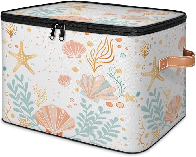 Storage Bin with Lid Ocean Shells Stackable Closet Storage Bins Decorative Bedroom Organizer Box Lidded Baskets Living Room Storages Boxes Cube Organizer Cute Container with Handles