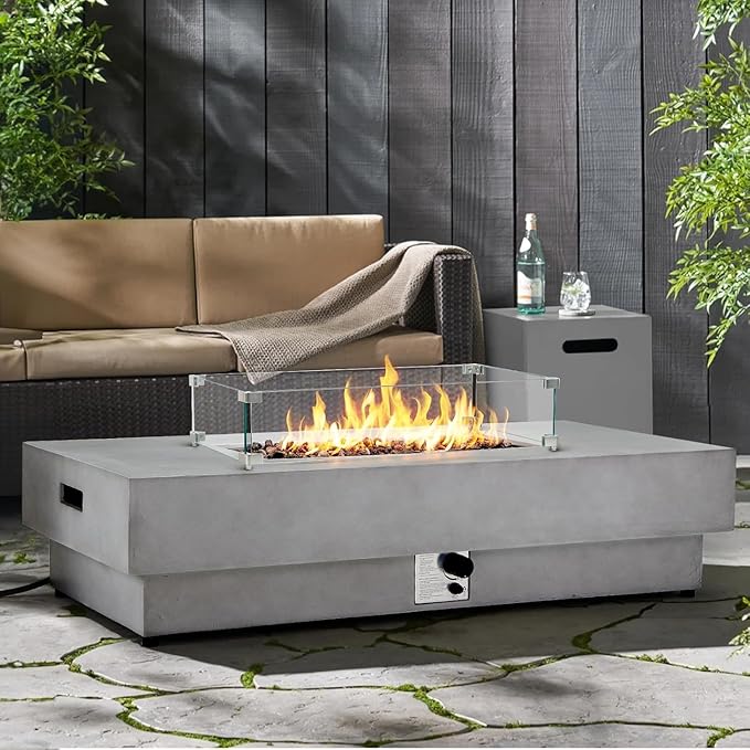 60Inch Fire Pit Table Propane with Tank Cover Windy Guard 50000 BTU Concrete Rectangle Firepit for Outside Patio with Metal Lid Lava Rocks Rain Cover Backyard Outdoor