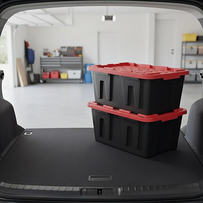 27 Gallon Heavy-Duty Storage Totes with Secure Snap Lids 4-Pack Stackable Plastic Bins for Garage Basement Attic Organization - Black Base &amp Red Lid Lockable Design for Indoor/Outdoor Use (4 P