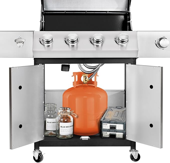 Kendane 4-Burner Propane Gas BBQ Grill with Side Burner Barbecue Gas Grill with Enameled Cast Iron Grates for Outdoor Patio Garden Barbecue 53000 BTU Stainless Steel Grill Cover included