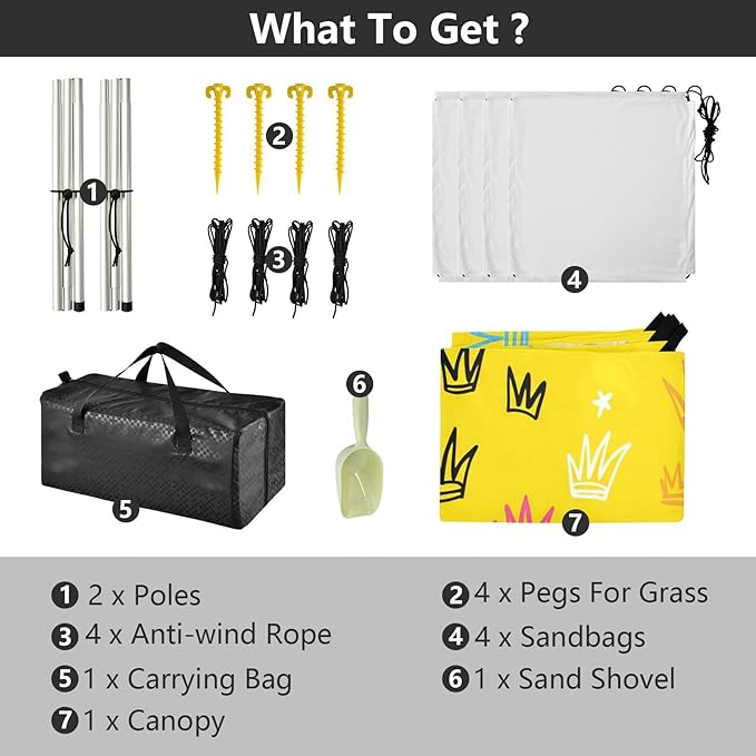 xigua Crowns and Stars Beach Tent Sun Shelter with Carrying Bag - Silver Coated Oxford Fabric Beach Canopy for Beach Camping Fishing - Includes Windproof Ropes Sandbags &amp Stakes