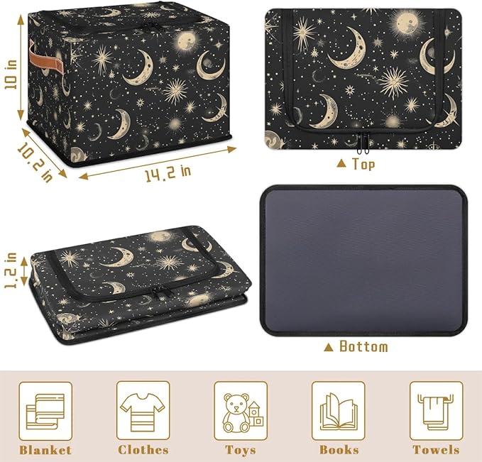 Black Moon Storage Bins with Zipper Lid 2pcs Stackable Storage Baskets Boxes with Metal Frame Closet Storage Cube Bin Organizer with PU Handles Clothes Storage Bag