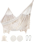 Indoor Hammock with Macrame Fringe for 2 PersonsDouble Boho Hammocks with TasselsPortable Cotton Rope Hamaca Swing with Travel Bag for OutsidePorchGardenPatioBackyardUp to 500lbs White