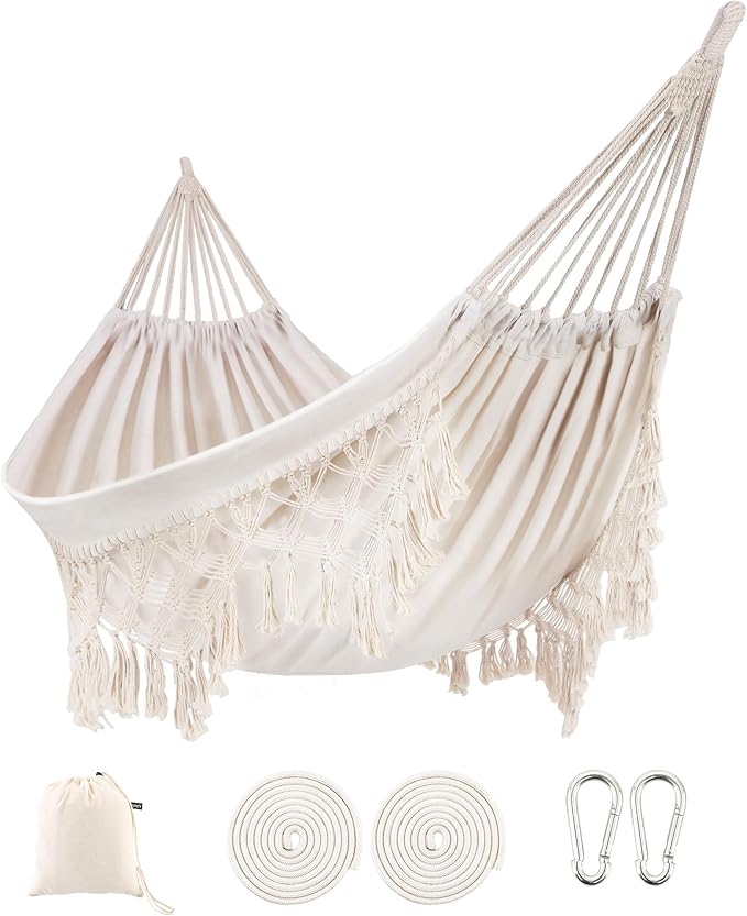 Indoor Hammock with Macrame Fringe for 2 PersonsDouble Boho Hammocks with TasselsPortable Cotton Rope Hamaca Swing with Travel Bag for OutsidePorchGardenPatioBackyardUp to 500lbs White
