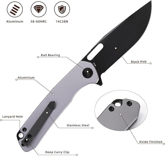 Folding Knife 3.3 Pocket Knife Premium 14C28N Blade Aluminum Handle Design with Pocket Clip for Men Women EDC Knife for Camping Hunting Hiking and Survival
