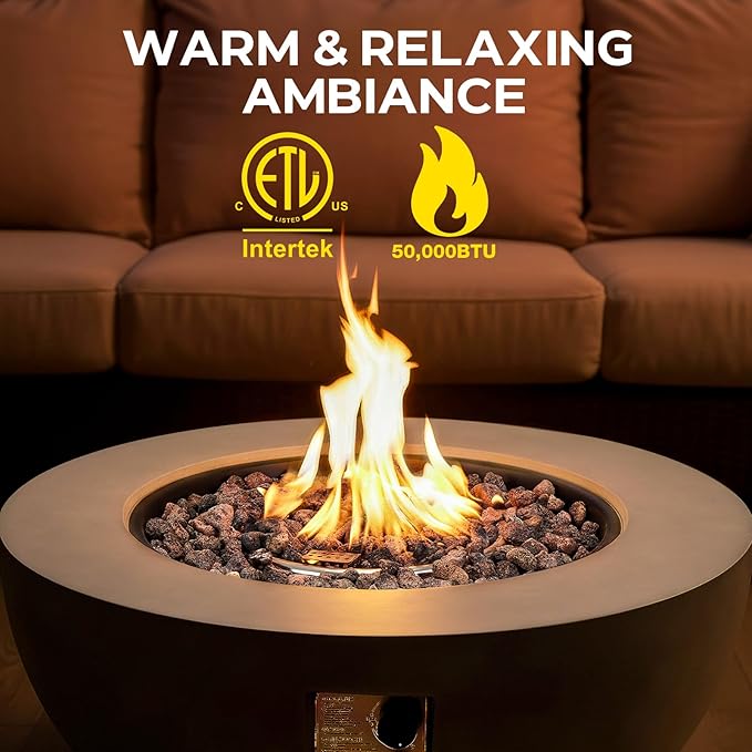 36inch Round Concrete Fire Pit Table with Propane Tank Cover 50000 BTU Outdoor Fire Table Modern Firepit Natural Gas Firepits with Steel Lid Rain Cover for Backyard Deck