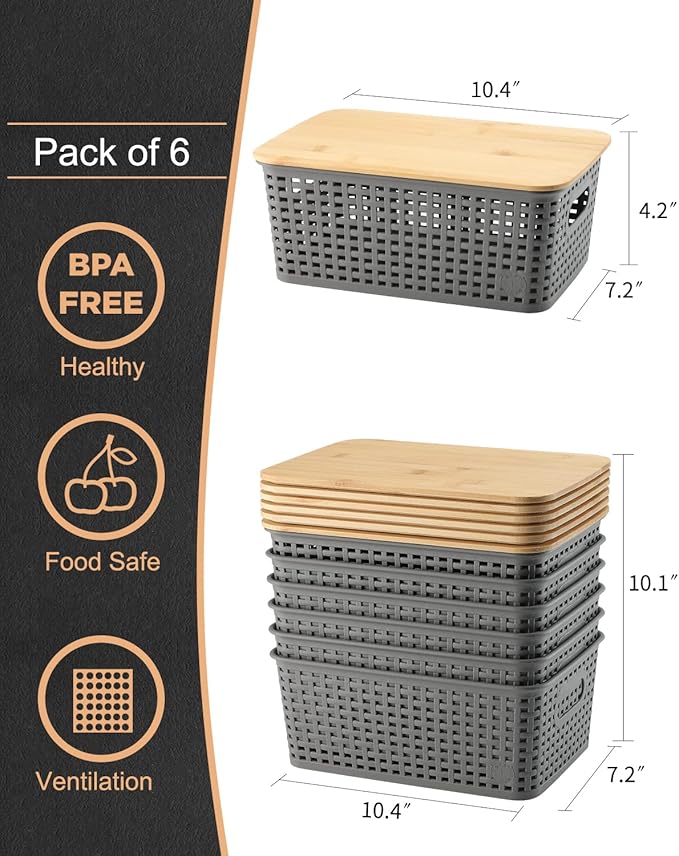 AREYZIN Storage Bins with Bamboo Lids Set of 6 Lidded Storage Container Plastic Baskets Organizer Bins for Organizing Kithen Room Bedroom Office Closet Sturdy(Grey)