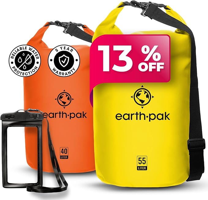 Earth Pak Waterproof Dry Bag - Roll Top Waterproof Backpack Sack (Yellow 55L &amp Orange 40L)