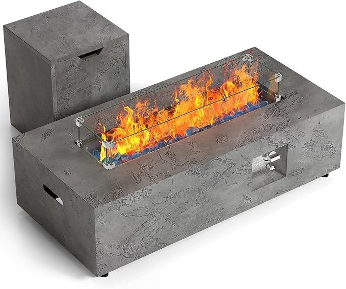 SUNPEAK 42 Rectangular Propane Fire Pit table 50000 BTU Fireplace Table with Wind Guard Lid Rocks and Cover - Fire Pits &amp Outdoor Fireplaces - Gas Fire Pits for Outside Patio (Concrete Stone
