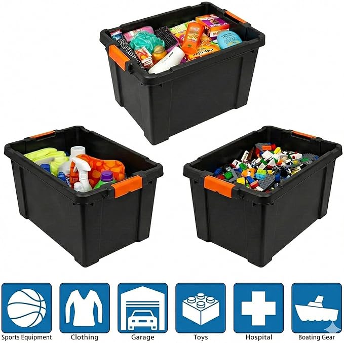 19 Gal Heavy Duty Plastic Storage Bins with Lockable Lids Storage Bin Plastic Storage Bins Stackable Latching Tote for Toolseasonal Items Sports Equipment Black