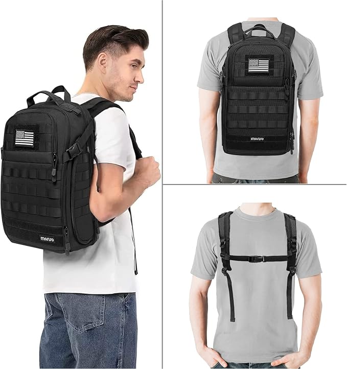 MOSISO Tactical Backpack 2-Layer Military Daypack 3 Day Assault Pack Rucksack Outdoor Hiking Hunting Camping Training Travel Shoulder Bag with Trolley Belt &amp USA Flag Patch Black
