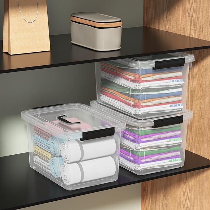6 Packs 12 Quart Clear Latching Storage Boxes Plastic Storage Bin with Handle