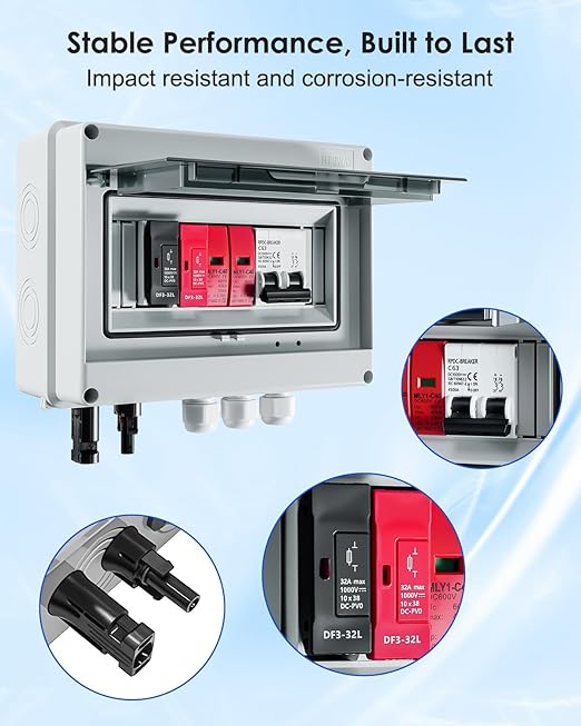 600V Solar DC PV Combiner Box 1 String IP65 Waterproof 63A Circuit Breaker Box 2Pcs 32A Fuse &amp Lightning Arrester Connector for On/Off Grid Solar Panel System 1 Input 1 Out
