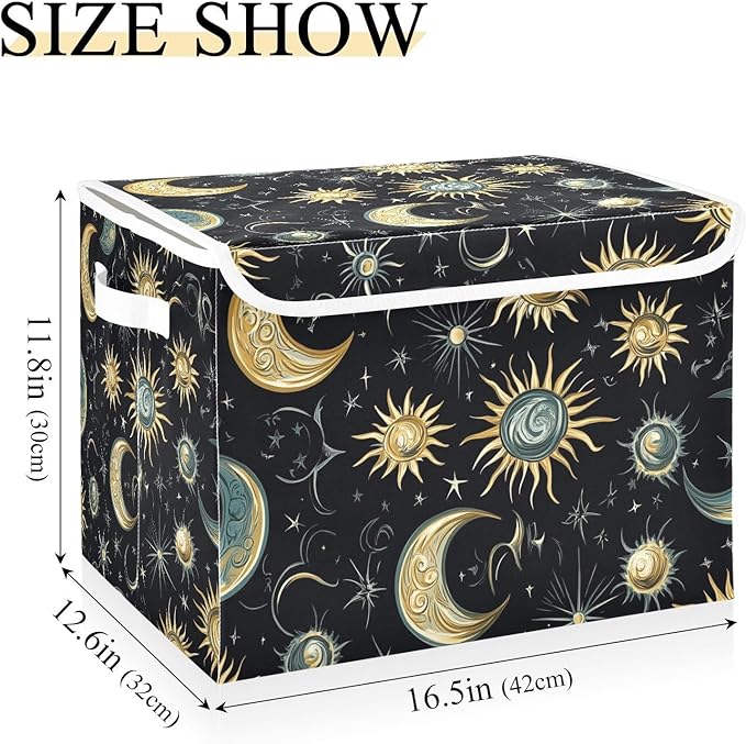 Storage Bins with Lids Storage Containers Box Organizer Bin Basket with Handles for Closet Shelves Clothes Stackable Foldable Decorative Star Moon Sun Constellation Black