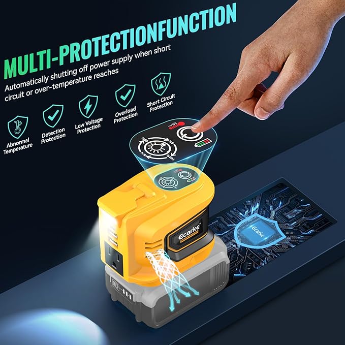 Ecarke 200W Portable Power Inverter Compatible with DeWALT 20V Battery DC 18V to AC 110V Power Station with 1 AC Outlet 2 USB 1 Type-C &amp LED Light for Outdoor Emergency Use (No Battery)(2-Pack
