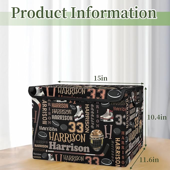 Ice Hockey Custom Storage Bins with Lid Foldable Fabric Personalized Storage Basket Box with Handle Storage Organizer Container for Home Bedroom Closet