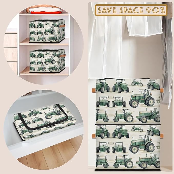 Tractor Truck Storage Bins with Zipper Lid Collapsible Fabric Storage Basket with Leather Handles Closet Shelf Cloth Organizer Basket for Nursery Bedroom Clothes Toy