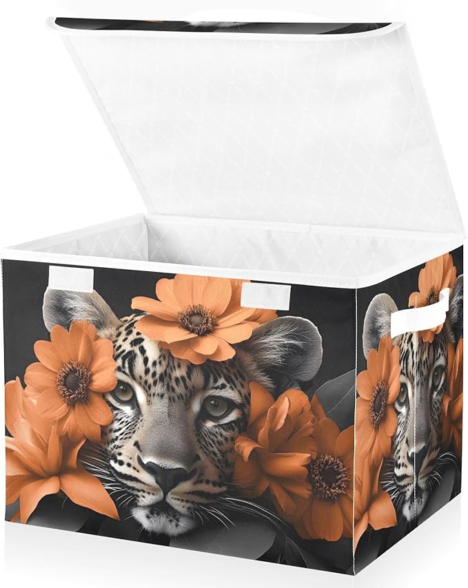 Storage Cube with Lid Floral with Leopard Print 16.5×12.6×11.8 IN Collapsible Large Capacity Foldable Storage Basket Bin Organizer
