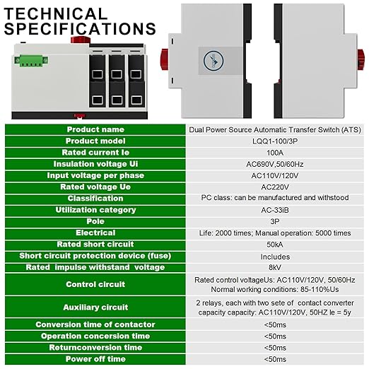 AC110V/120V 100Amp Automatic/Manual Transfer Switch 3P 50/60Hz 3Poles Mini ATS Auto Dual Power Switch Automatic Changeover Fast Transfer for Home Generator Soalr Rv and Lv Power