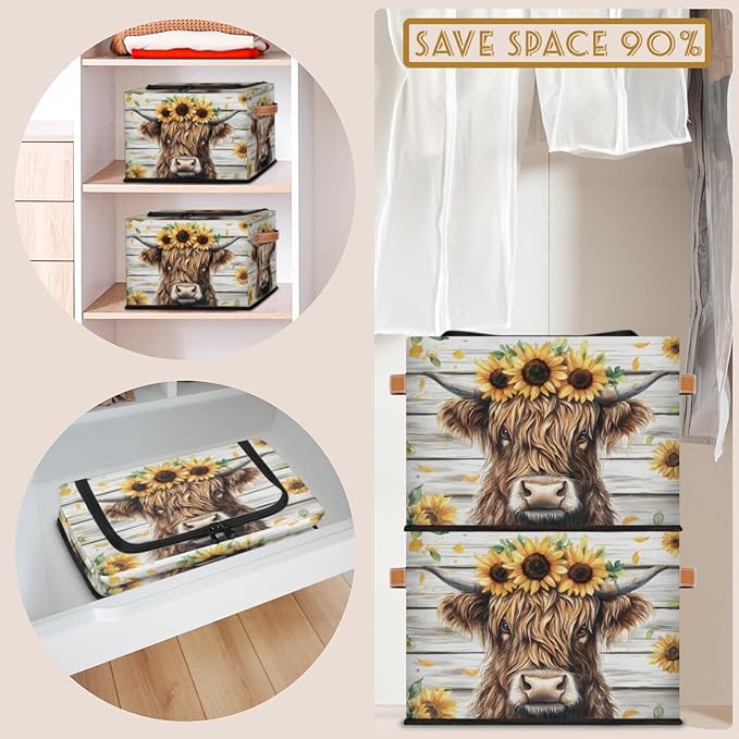 Highland Cow Storage Bins with Zipper Lid Rustic Sunflower Fabric Lidded Storage Baskets Cubes with Handles Decorative Foldable Shelf Closet Organizer Container
