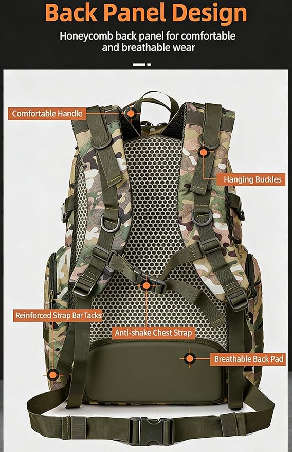 LINGYUE Tactical Camo Backpack Waterpoof Resistant Outdoor Hiking Travel Bagpack Daypack With 14 Laptop Compartment Multi-Pocket(F)