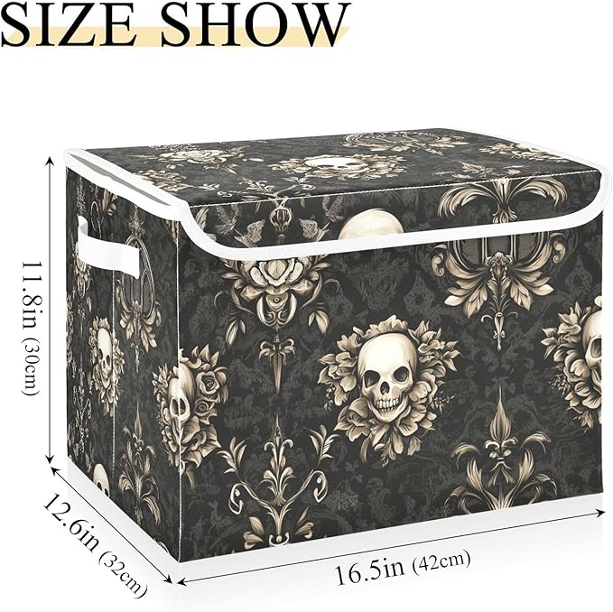 Collapsible Storage Bins with Lids Decorative Fabric Storage Cubes Closet Organizer and Storage Basket Boxes Containers for Clothes Box Chest Folding Rectangle Gothic Brown Skulls