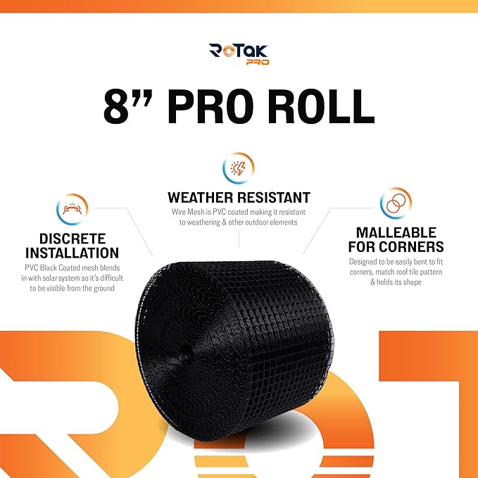 Rotak Critter Guard PRO - 8in x 100ft Solar Panel Bird Prevention Roll Kit Pairs - Heavy Duty Galvanized Black PVC Coated ½ inch Wire Roll Mesh (8 x 100)