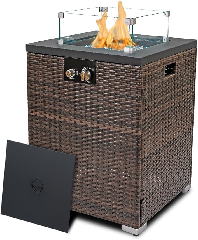 22in Outdoor Propane Gas Fire Pit Table 40000 BTU Auto-Ignition Gas Firepit with Glass Wind Guard Painted Steel Tabletop Mixed Color Glass Rocks Brown PE Rattan