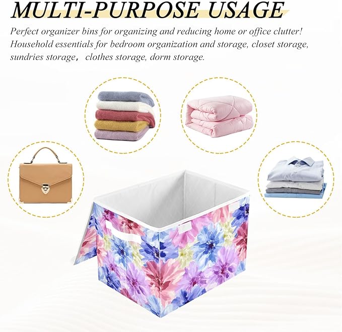Storage Cube with Lid Flower Blue Red Print 16.5×12.6×11.8 IN 1 Pack Collapsible Large Capacity Foldable Storage Basket Bin Organizer