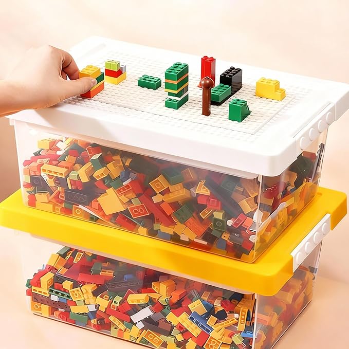 Toy Storage Organizer Bin for Lego Plastic Organizer Box with Removable Tray and Building Baseplate Lid Stackable Building Block Storage Craft Storage Container for Lego Toy Tool Sewing (White)