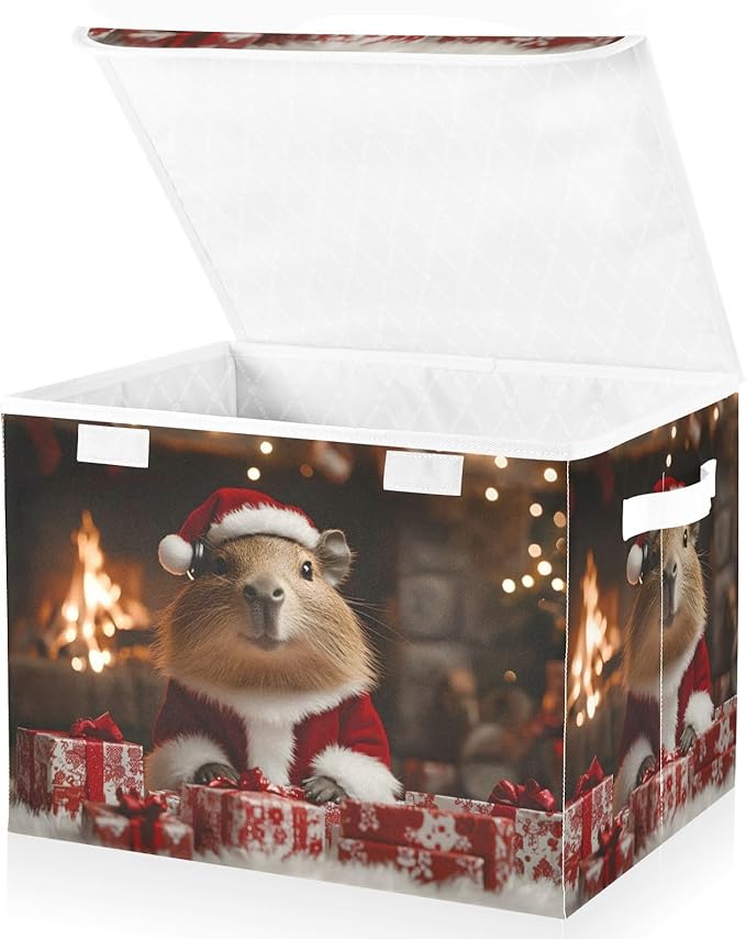 AIXIWAWA Lidded Storage Cube (Capybara Christmas) Fabric Foldable Closet Bins with Flip Lid and Handles Organizer Basket Container 16.5 x 12.6 x 11.8 IN