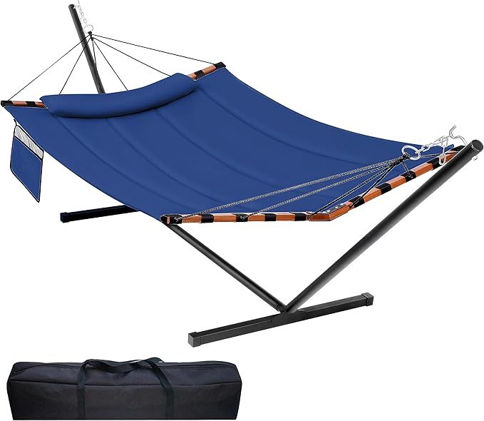 TegerDeger 12FT 2 Person Hammock with Stand Included 55 x 79IN Large Hammock 450LB Capacity with Hardwood Spreader Bar &amp Nylon Rope for Outside Patio Garden Backyard Beach - Deep Blue