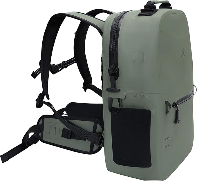 Breakwater Supply™ River Ute Waterproof IP68 Fishing Backpack Floating TPU Submersible Dry Bag with Padded Hip Belt and Airtight Zippers | 20L (River Ute 20L Marsh Green)