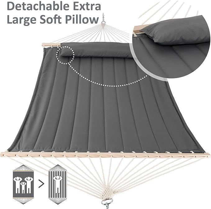 SUNCREAT Heavy Duty Hanging Tree Hammock 475 lbs Capacity Two Person Hammock with Large Soft Pillow Tree Hooks Gray
