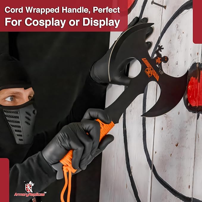 Armory Replicas™ Double Headed Skulking Throwing Axe – Full Tang Black Anodized Stainless Steel Axe with Orange Nylon Wrap &amp Sheath