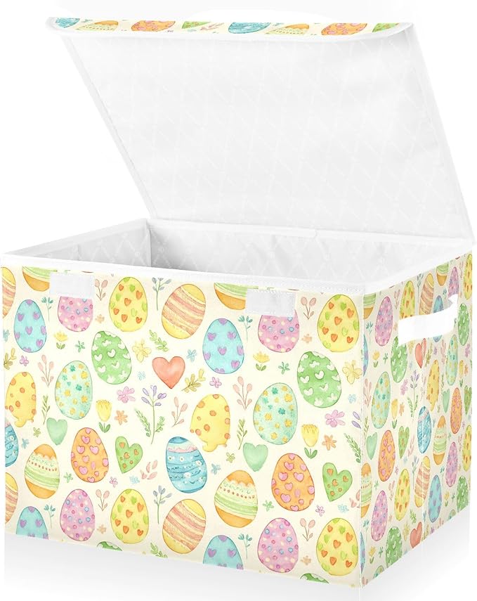 Yellow Decorative Easter Eggs Flowers Storage Box with Lid 1 PC Foldable Storage Bin with Lids Stackable Storage Bins Cube Closet Organizer Basket with Flip-Top Lid &amp Handles for Shoes Books