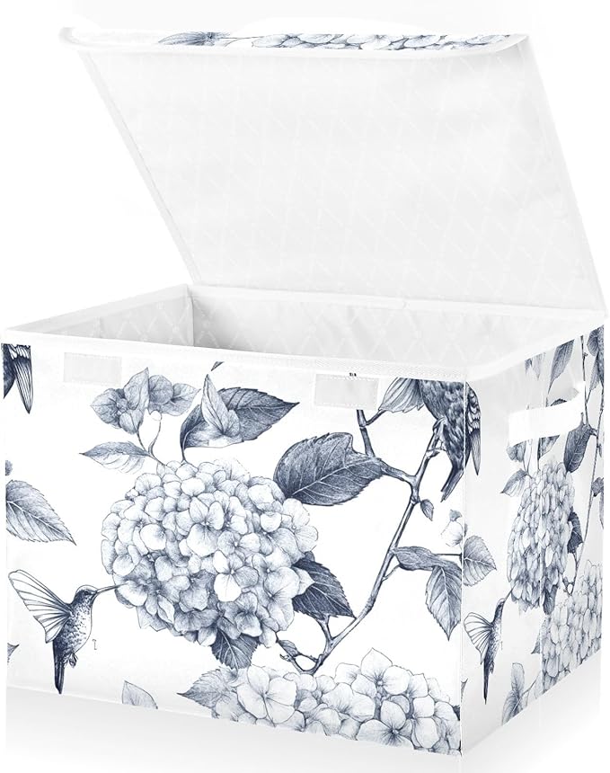 Collapsible Storage Bins with Lids Decorative Fabric Storage Cubes Closet Organizer and Storage Basket Boxes Containers for Clothes Box Chest Nursery Folding Rectangle Ink Blue Hydrangea Humm
