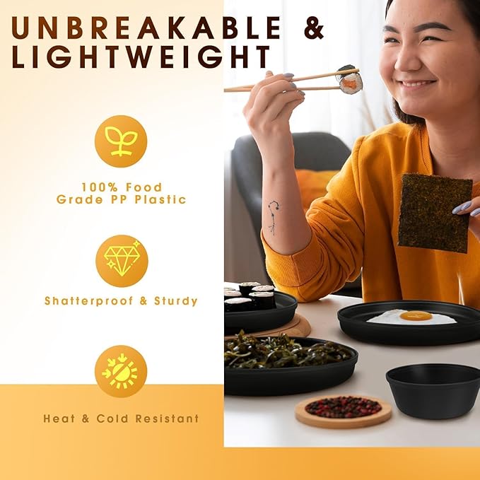 40 Piece Plastic Dinnerware Set for 8 with Cutlery Unbreakable Plates and Bowls Set Dishwasher &amp Microwave Safe Reusable Dish Set for Camping RV Outdoor Kitchen Apartment Dining Black