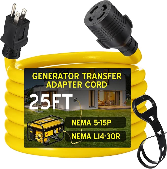 Tellegloww 25 FT 5-15P to L14-30R Adapter Cord Generator Transfer Switch Generator House Inlet Box Adapter 15Amp 3Prong 5-15 Male to 30Amp 4Prong L14-30 Locking Female 10 AWG ETL Listed