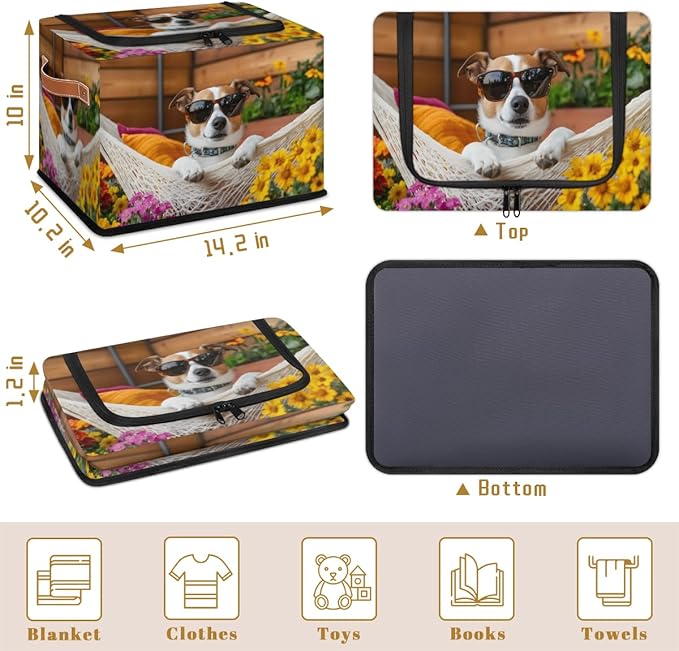 Cute Dog Storage Box with Lid Hawaiian Flower Collapsible Storage Bins Baskets Cubes Closet Shelf Clothes Organizer Containers with PU Leather Handles