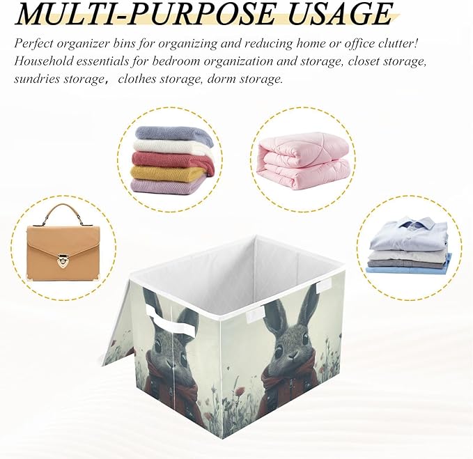 AIXIWAWA Lidded Storage Cube (Wild Bunny) Fabric Foldable Closet Bins with Flip Lid and Handles Organizer Basket Container 16.5 x 12.6 x 11.8 IN