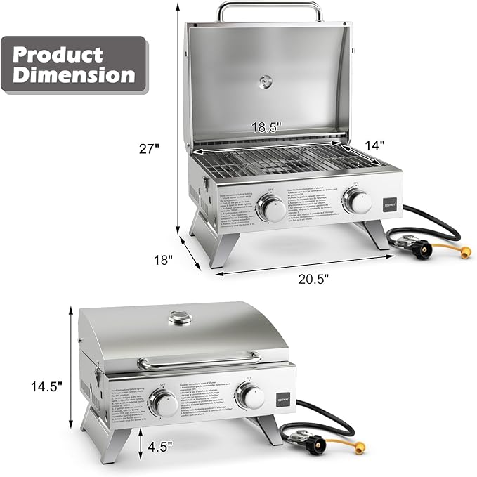 Giantex Portable Gas Grill with 2 Burner Max. 20000 BTU total Folding Legs Built-in Thermometer Travel Locks Stainless Steel Tabletop Propane Gas Grill for Camping Picnic Cookout RV BBQ