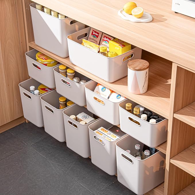 Plastic Storage Bins with lidsStorage BasketsContainer with handleStorage Organizer Bins for ShelvesOfficeBedroomsClosets Cabinets(Gray3L)