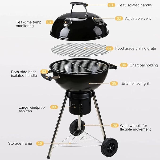 Charcoal Grills 18 inches Kettle Grill with Lid&ampLarge Ash CollectorOutdoor Barbecue Grill for Camping/Garden/Party/Poolside